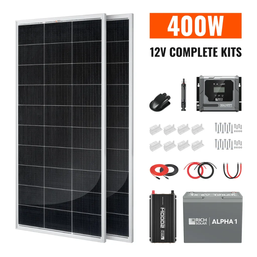 RICH Solar Complete 400W Solar Kit with Battery & Inverter | Off-Grid Solar Power System for RVs, Vans, Cabins & Backup Power | Complete Energy Solution