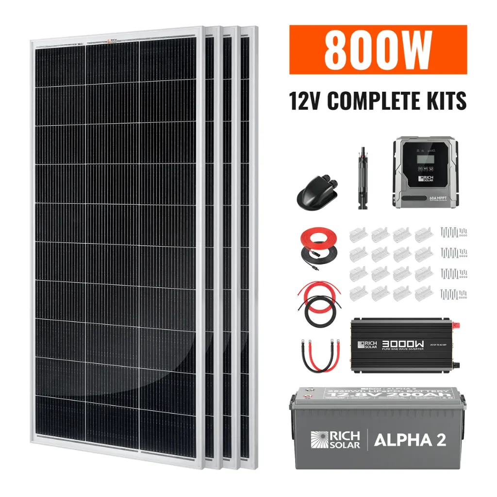 RICH Solar Complete 800W Solar Kit with Battery & Inverter | Off-Grid Solar Power System for RVs, Vans, Cabins & Backup Power | Complete Energy Solution